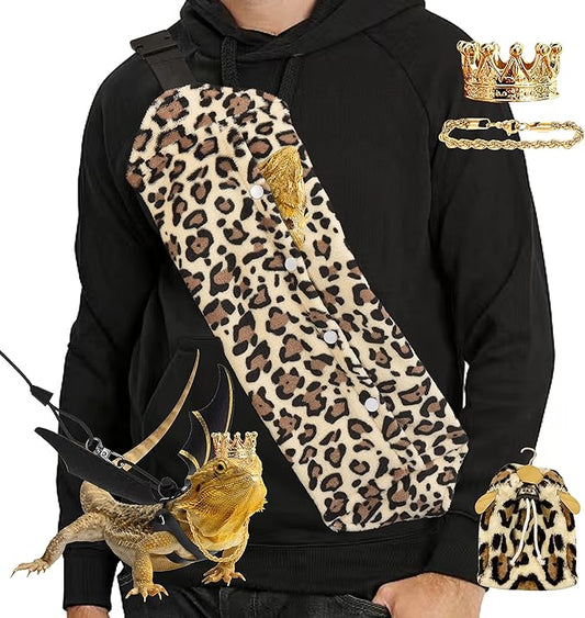 Bearded Dragon Leash and Harness Set, Beardie Carrier, Lizard Adjustable Harness with Leather Wings and Sling Bag, Reptile Small Pet Backpack Batwing Accessories (Leopard Pattern with Crown)