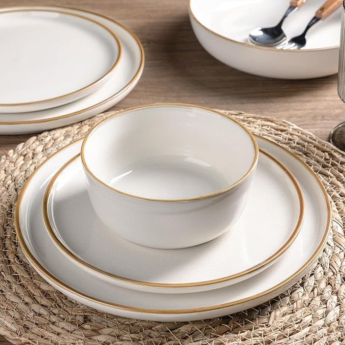 GBHOME Ceramic Dinnerware Sets for 4, 12 Pieces Stoneware Plates and Bowls Sets, Scratch Resistant Dishes, Dishwasher & Microwave Safe, Reactive Glaze-White