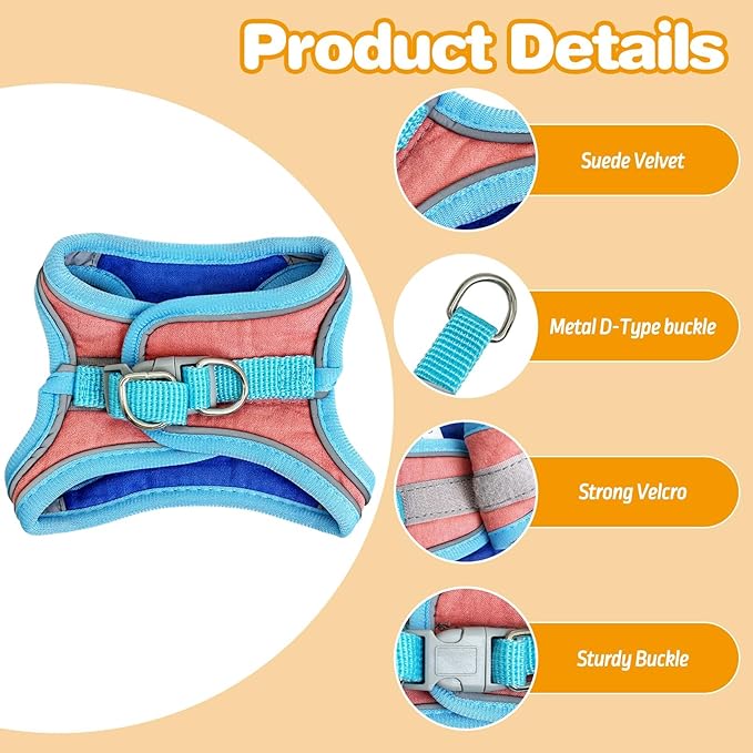 PINVNBY 2 Pack Bunny Hsrness and Leash Set Adjustable Rabbit Harness with Reflective Strips Double Buckle Pet Vest Eescape Proof for Small Rabbit Kitten Puppy Walks Accessories (Blue Pink, S)