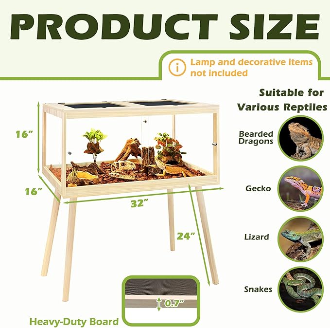 Prolee Bearded Dragon Tank with Leg Stand,Wooden Lizard Tank,Reptile Tank with Metal Mesh Roof Door, Acrylic Panel Snake Tank with Lock Design (Oak, 32"x16"x16")