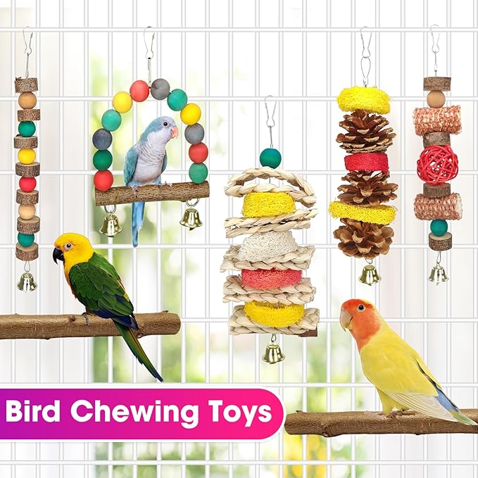 Natural Wood Bird Chew Toys, 7 Pack Hanging Parrot Cage Perch Stand for Parakeet, Cockatiel, Lovebird, Budgie