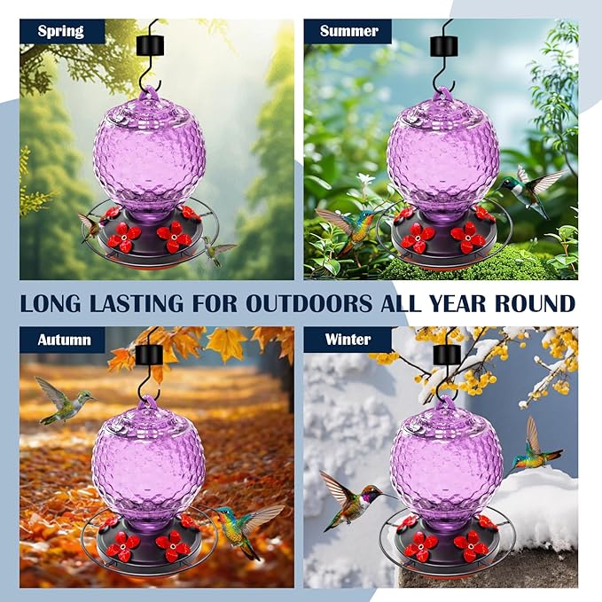 Glass Hummingbirds Feeder for Outdoors Hanging,25 OZ Humming Birds Feeder for Outdoors,Hummingbird Gifts(Purple)