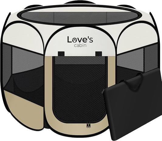 Love's cabin Pet Puppy Dog Playpen, Medium Dog Tent Crates Cage Indoor/Outdoor, Portable Playpen for Cat, Foldable Pop Up Dog Kennel Playpen with Carring Case, Removable Zipper Top, Khaki