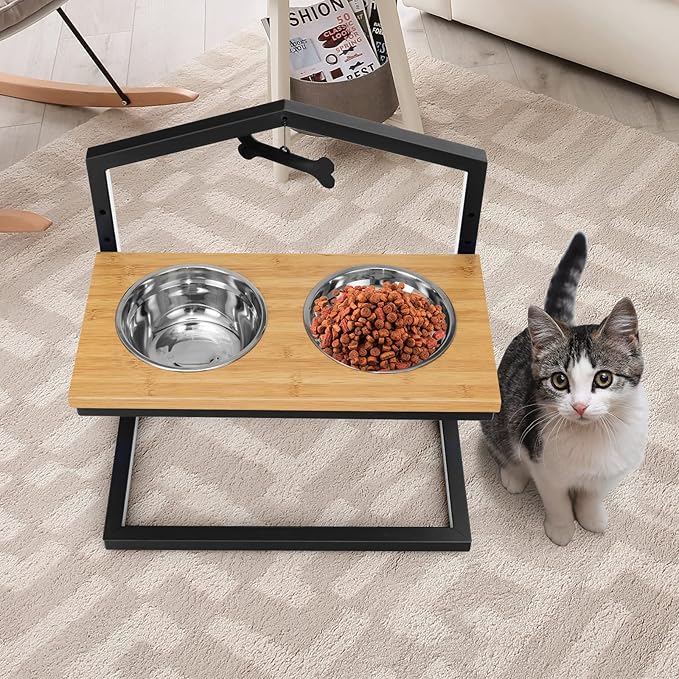 Giantex Elevated Dog Bowls Stand, 5 Adjustable Heights, 2 Stainless Steel Bowls, Non-Slip Metal Frame, Raised Pets Cats Feeding Station, Tall Dog Food Water Bowl Holder Stand (Natural & Black)