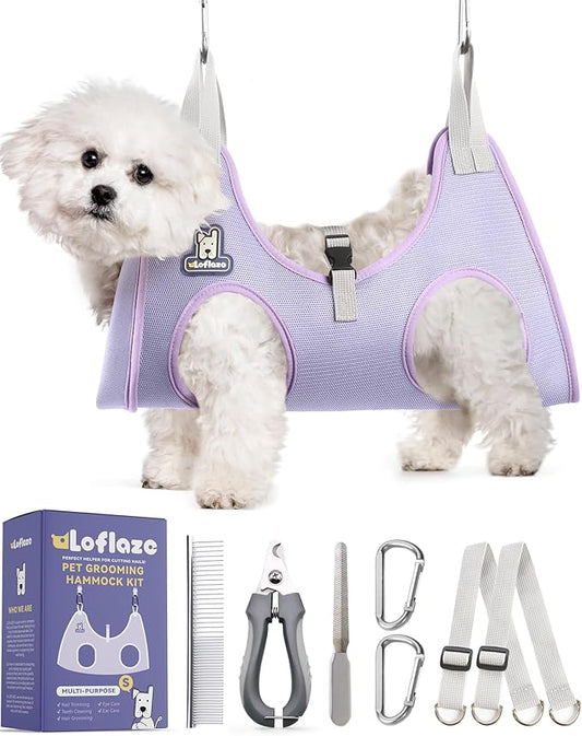 Dog Grooming Hammock Harness for Dogs & Cats with Pet Nail Clipper Trimmer - Cat Hanger Sling for Trimming Clipping Nails- Dog Hammock Restraint Bag for Small Medium Large pet （ Purple S）