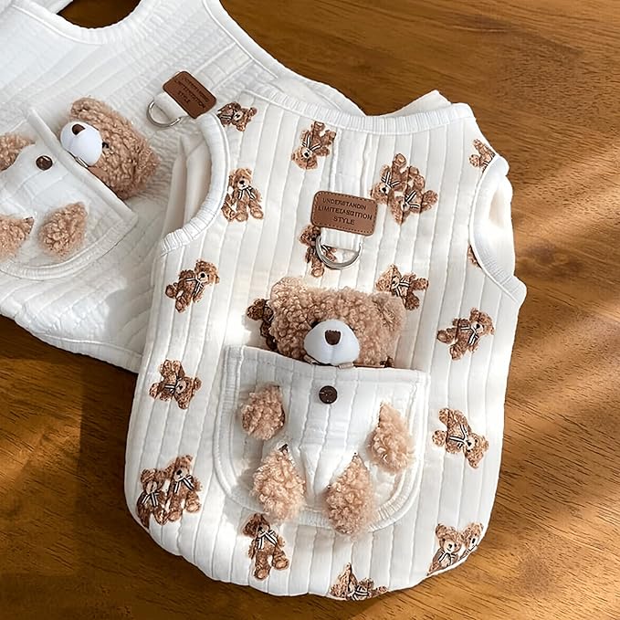 Cute Pet Apparel Plush Bear Pattern Cartoon Dog Clothes All Season Sleeveless Puppy Kitten Pullover Soft Skin-Friendly (White2, L (7.7-11lbs))