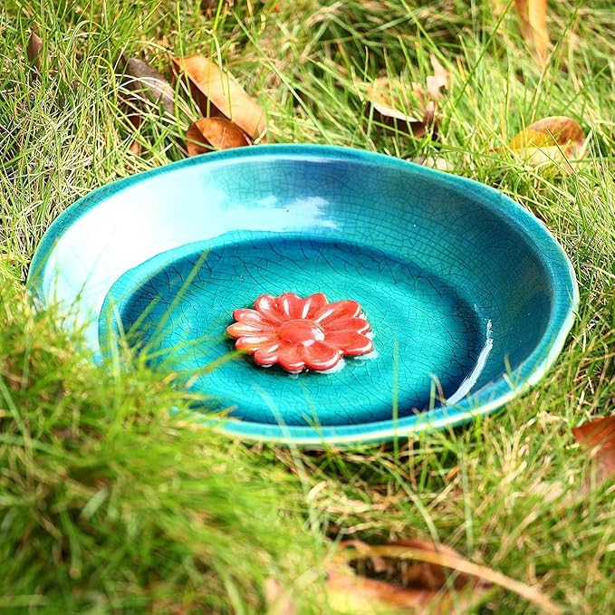 DUSVALLY Bird Bath Ceramic Bowl Antique Decor for Outdoors, Bird Drinker Plate with Vintage Red Flower Ornament for Outside, Garden & Yard, 12"