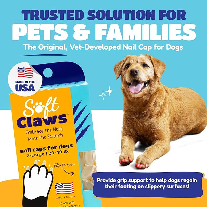 "Soft Claws Nail Caps for Dogs with Non-Slip Design Made in USA - 40 Dog Nail Covers for Long-Lasting Protection of Floors and Furniture - Pink, X-Large"