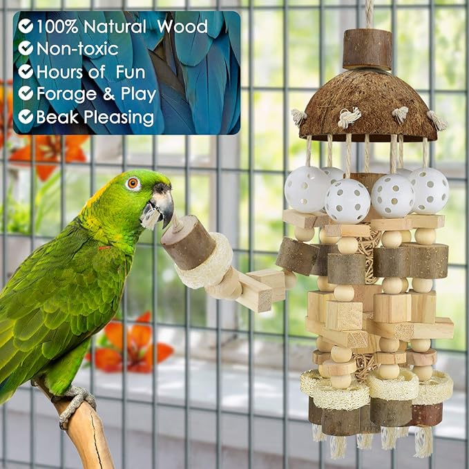 KATUMO Bird Toy, Large Parrot Natural Wooden Blocks Chewing Toy Suits for African Grey Cockatoos Amazon Parrots Large Medium Birds