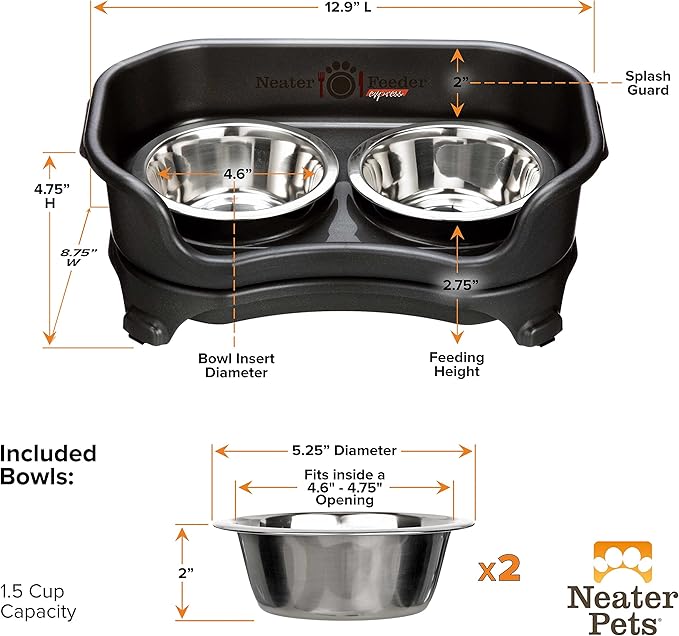 Neater Feeder Express Mess Proof Dog Bowls Elevated for Small Breeds Under 15 Lb, Made in USA, No Spill Raised Dog Food Bowl Stand, Stainless Steel Food and Water Bowl Set, Feeding Station, Black