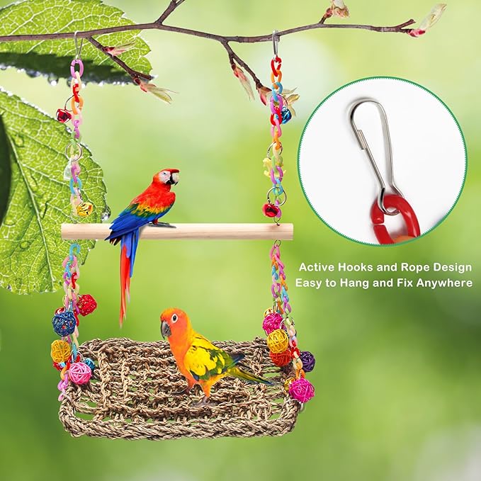 Bird Swing Mat with Wood Perch, AHIER Seagrass Bird Hammock for Conures with Chewing Toy for Parakeets, Budgie, Cockatiel, Lovebird Cage Accessories