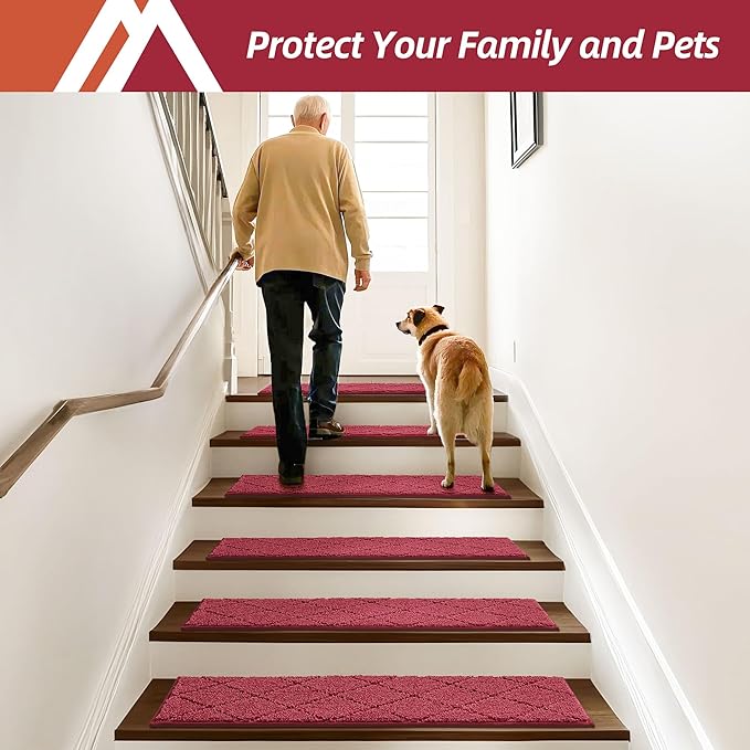 COSY HOMEER Edging Stair Treads Non-Slip Carpet Mat 28inX9in Indoor Stair Runners for Wooden Steps, Edging Stair Rugs for Kids and Dogs, 100% Polyester TPE Backing (10pc, Red)