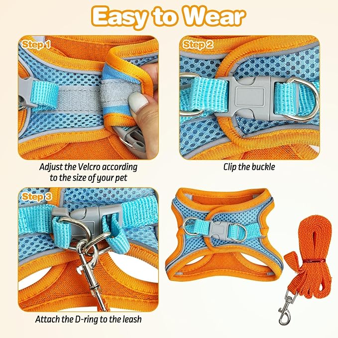 PINVNBY 2 Pack Bunny Hsrness and Leash Set Adjustable Rabbit Harness with Reflective Strips Double Buckle Pet Vest Eescape Proof for Small Rabbit Kitten Puppy Walks Accessories (Orange Blue, M)