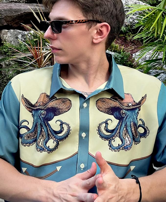 Men’s Hawaiian Shirt Western Cowboy Symmetrical Print Short Sleeve Button Down Casual Beach Holiday Summer Shirt