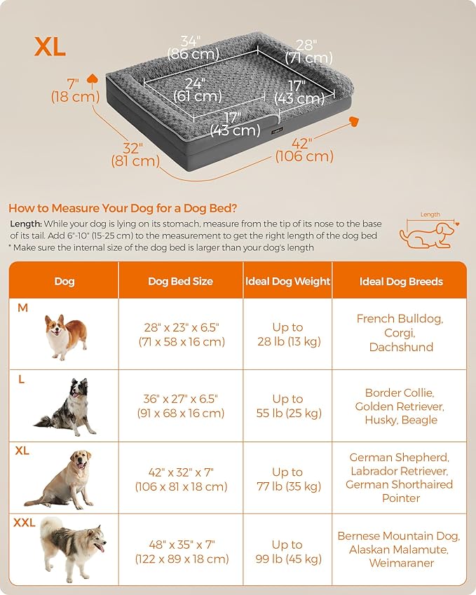 Feandrea Orthopaedic Dog Bed for Large Dogs, Waterproof Dog Sofa Bed with Removable Washable Cover, 42 x 32 x 7 Inches, Slate Gray UPGW253G02