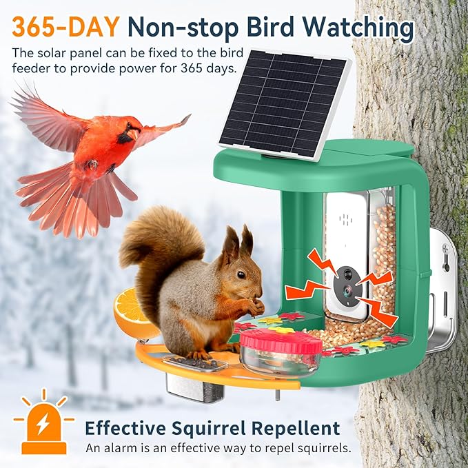 Solar-Powered Smart Bird Feeder with Camera Solar Powered,2K Video Recording, Auto Bird ID & Extensive DIY Accessories,2 in 1 Hummingbird Feeder Camera Ideal Present for Bird Lovers (Green)