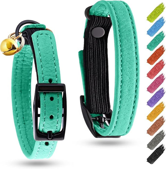 Leather Cat Collar with Bell and Safety Elastic Strap Breakaway Alternative for Small & Large Kittens, Stylish Pet Leather Collar for Boy, Girl Cats with Metal Buckle & QR ID Tag (Mint)