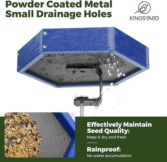 Kingsyard Clamp-On Deck Bird Feeder 11in Hexagon, Adjustable Balcony Railing Clamp 2.2in No-Drill, Recycled Plastic Seed Tray Metal Mesh Drainage Easy-Clean 3 lb,Blue