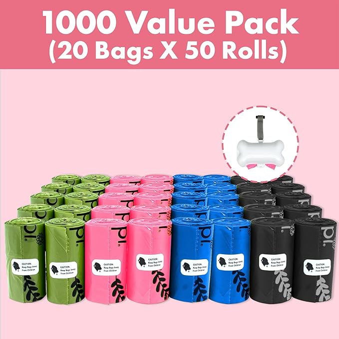 GORILLA SUPPLY 1000 multicolor poop bags for dogs with Dispenser and Leash Tie, 9" x 13", Mixed