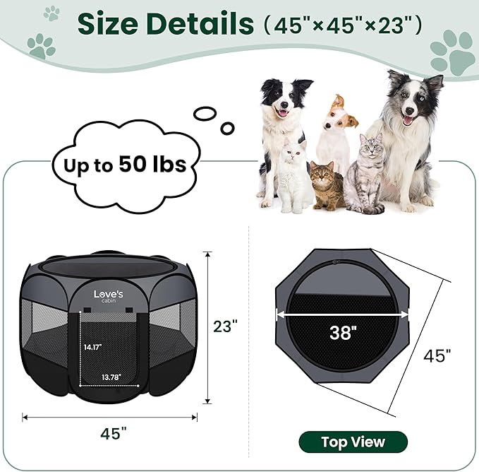 Love's cabin Pet Puppy Dog Playpen, Large Dog Tent Crates Cage Indoor/Outdoor, Portable Playpen for Cat, Foldable Pop Up Dog Kennel Playpen with Carring Case, Removable Zipper Top, Dark Grey