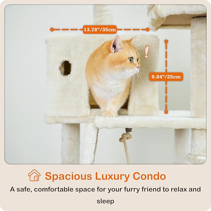Ouritsu Cat Tree, 56 inch Tall Cat Tower for Large Cat Indoor, Large Condo, 2 Padded Perches, Steel-Framed Hammock, Scratching Post and ramp, Fluffy Basket, Beige, LF001WH