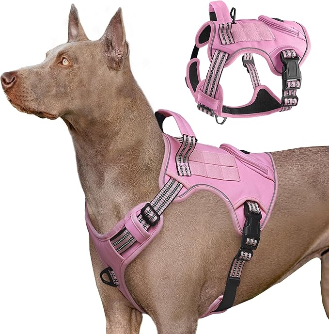 Heavy Duty Tactical Dog Harness for Large Dogs, Adjustable Reflective Service Vest with Control Handle & 4 Patches, No Pull Soft Padded Military Pet Harness for Training Walking Hiking (Pink, XL)