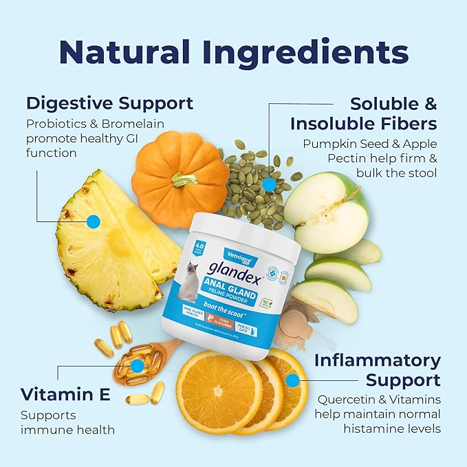 Vetnique Glandex Feline Anal Gland or Daily Probiotic Fiber Supplement Powder for Cats with Digestive Enzyme, Probiotics and Pumpkin, Vet Recommended for Healthy Bowels (4oz, Anal Gland Powder - Tuna)