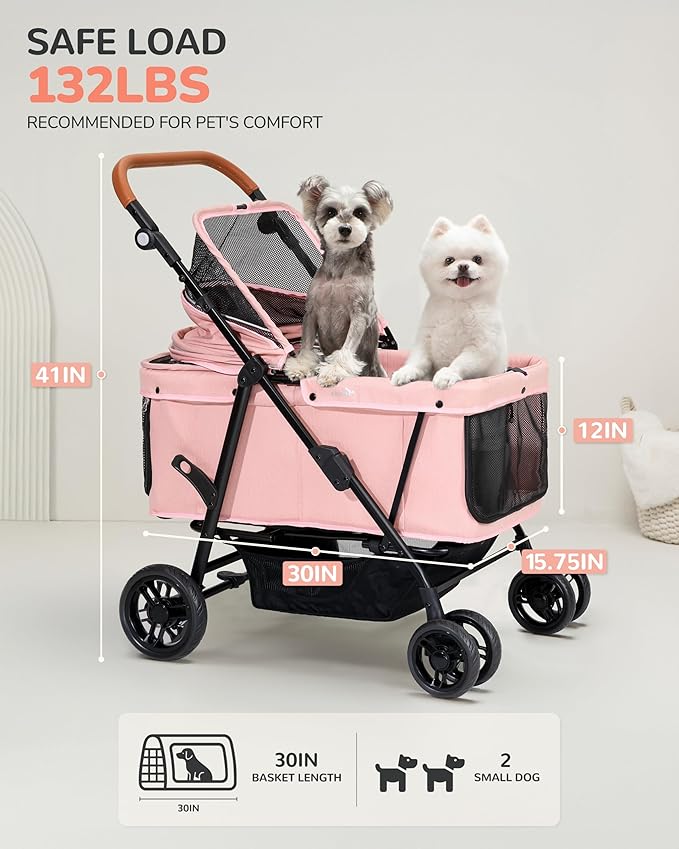 Dog Stroller for Large & Medium Dogs (20–132 lbs), Pet Stroller for 2 Small Dogs, Extra Large Heavy Duty, Foldable & Ventilated, Pink or Navy