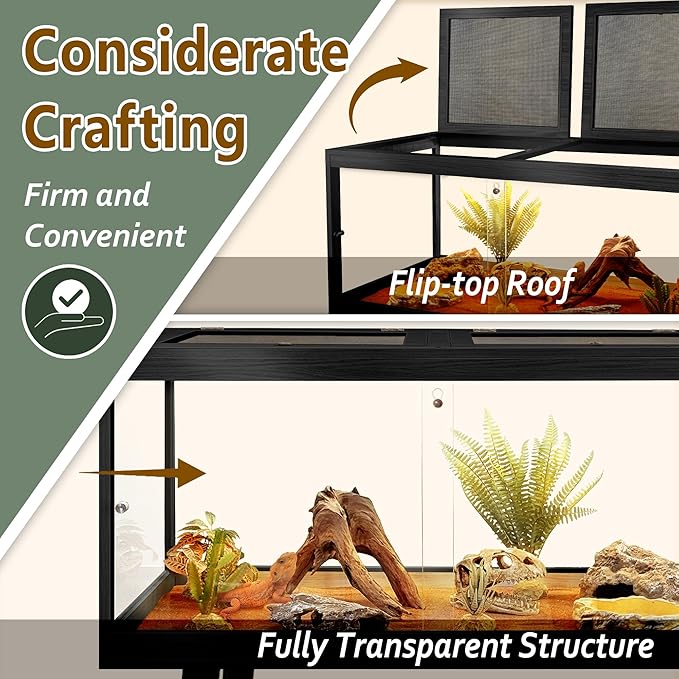 PROLEE Tempered Glass Reptile Enclosure with Leg,48“ Scratch-Proof Bearded Dragon Tank,79 Gallon Lizard Tank with Metal Mesh Tops and Lockable Door,Spacious Reptile Habitat for Snake,Lizard (Black)
