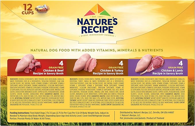 Nature's Recipe Grain Free Wet Dog Food Variety Pack, Chicken Recipes with Beef, Turkey & Lamb in Savory Broth, 2.75 oz. Cups (Pack of 12), 2 Count