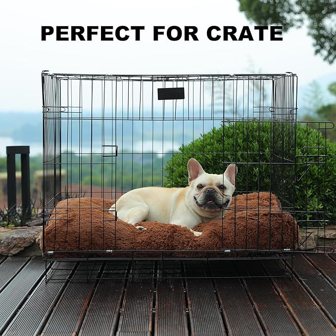 Bedfolks Waterproof Crate Bed, Plush Pad with Removable Cover, Faux Fur for Large Dogs, Washable Kennel Bed 35"x23", Solid Brown