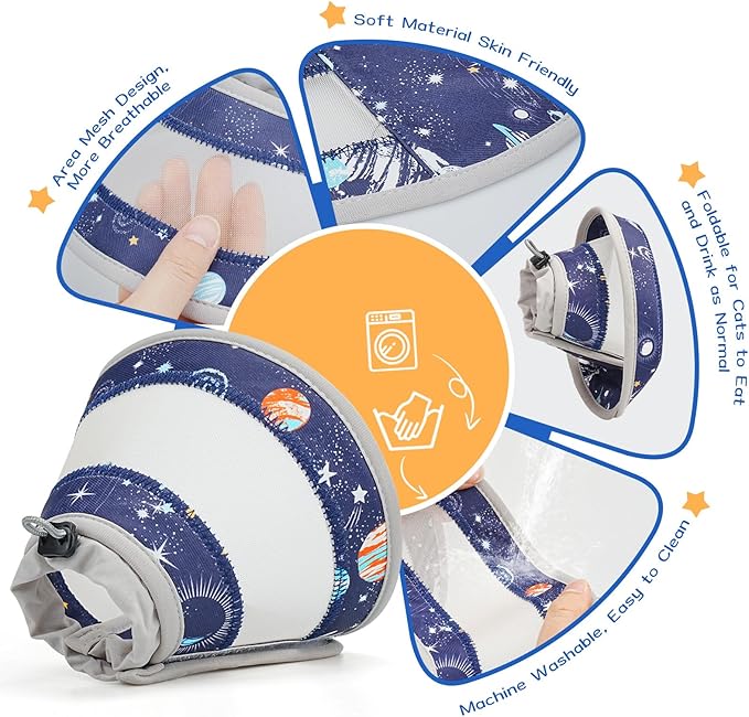 Breathable Air Mesh Cat Cone Collar Soft to Stop Licking, Adjustable, Foldable Lightweight Kitten Cones After Surgery Recovery for Cats & Kittens (Star Blue,S)