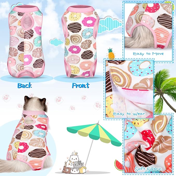 Nuanchu 3 Pieces Cat Recovery Suit Kitten Recovery Suit E-Collar Alternative for Cats and Dogs Abdominal Skin Anti Licking Pajama Clothes Sets(Watermelon Pattern,Large)