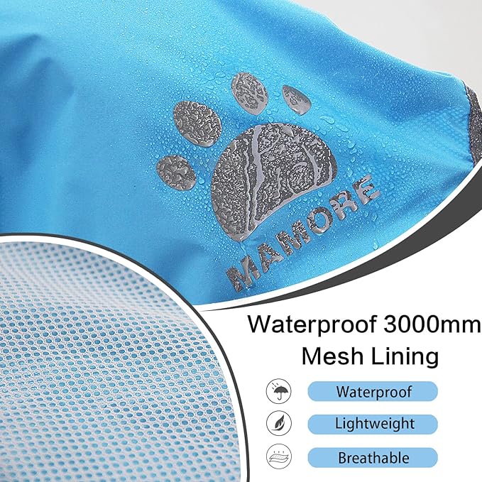 Waterproof Dog Raincoat, Reflective Adjustable Hooded Dog Rain Coat, Lightweight Breathable Pet Rain Jacket Poncho Double Layer with Leash Hole for Small Medium Large Dogs (Blue, Medium)