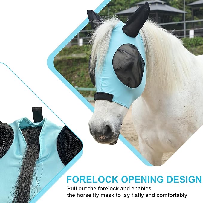 Stretchy Horse Fly Mask with Ears, Soft Lycra Equine Mesh Mask with UV Protection Face Cover, Pacific Blue, Full