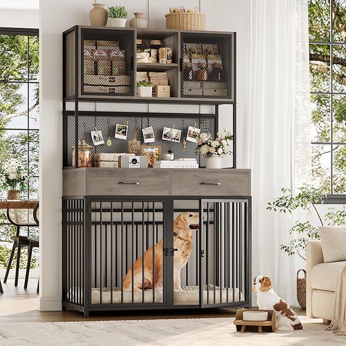 HITHOS 71" Tall Dog Crate Furniture, Indoor Dog Kennel with Hutch, 42" W Dog Cage for Large/Medium Dogs, Wood Dog Crates with 2 Storage Drawers, Heavy Duty Pet House, Ash Grey
