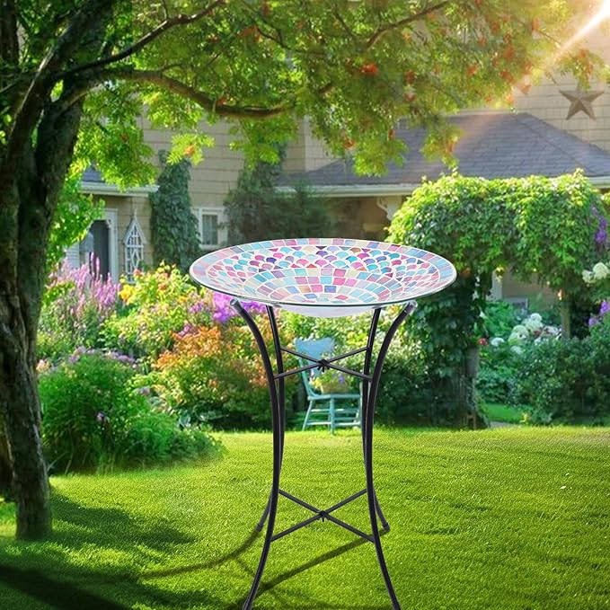 VCUTEKA Bird Baths for Outdoors, Mosaic Bird Bath with Metal Standing for Garden, Yards Patio Décor, Bird Lovers Gift, Glass Birdbath Detachable (20" H * 14" W)