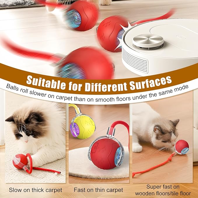 Interactive Cat Toy Balls,2025 New Interactive Rolling Cat Balls,Smart Automatic Rolling Pet Ball,Automatic Obstacle Avoidance Cat Toy with Rope for Cat & Dog (Yellow)