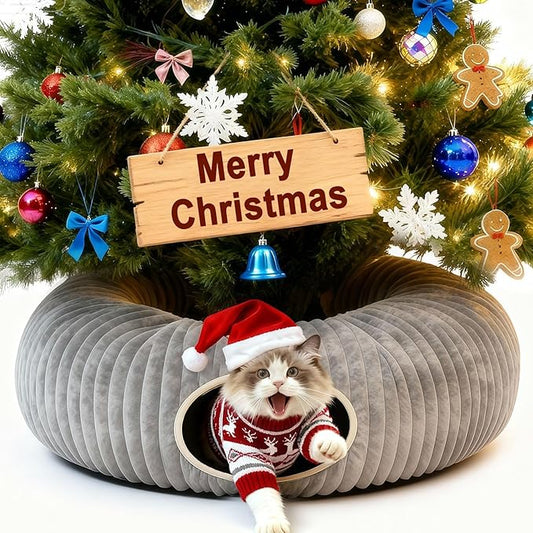 Cat Tunnel Bed for Indoor Cats, Peekaboo Cat Cave Bed,Soft Cat Donut Tunnel for Kitten Large Cats, Cat Tunnel Christmas Tree Skirt, Grey