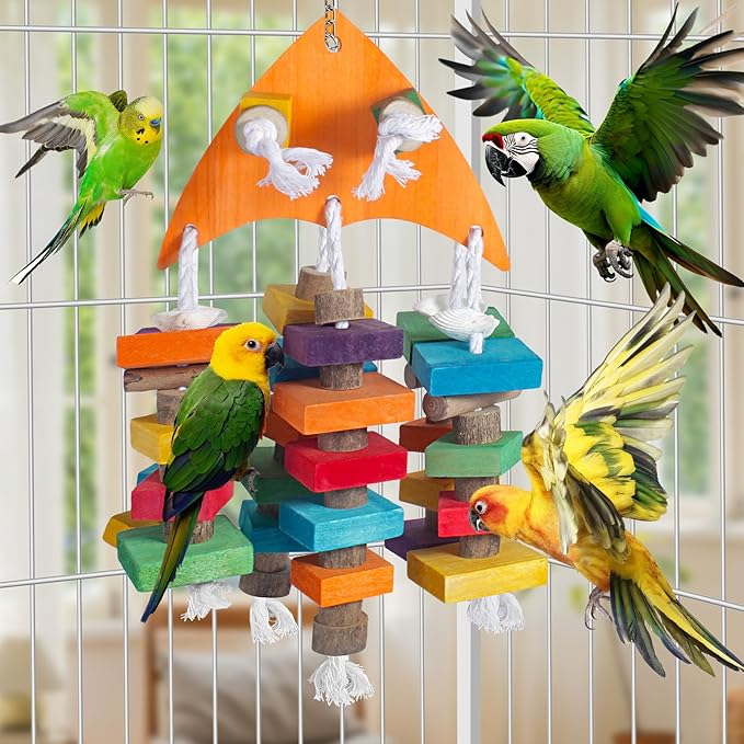 22.8" Natural Shell Parrot Toy for Medium & Large Birds (Sichuan Pepper Wood/Pine Wood/Poplar) with Stainless Steel Hook | Macaw Toys, African Grey Chew Toys