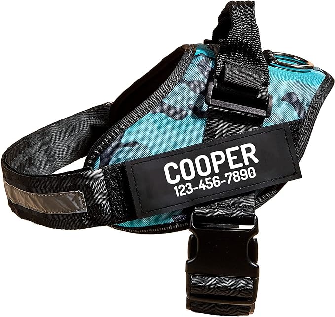 PawPawify Custom No Pull Dog Harness with Name and Phone Number, Heavy Duty Personalized Pet Vest to Prevent Tugging, Pulling, or Choking, Training and Walking (Camouflage Blue, XL (Chest 28-35in))