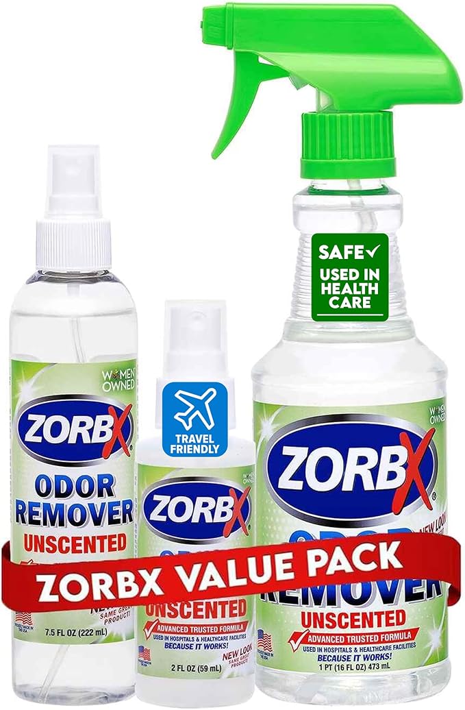 ZORBX Unscented Odor Eliminator for Strong Odor 16 Oz + 7.5 Oz + 2 Oz - Used in Hospitals & Healthcare Facilities - Advanced Formula, Fast-Acting Odor Remover Spray for Dog, Cat, House & Carpet