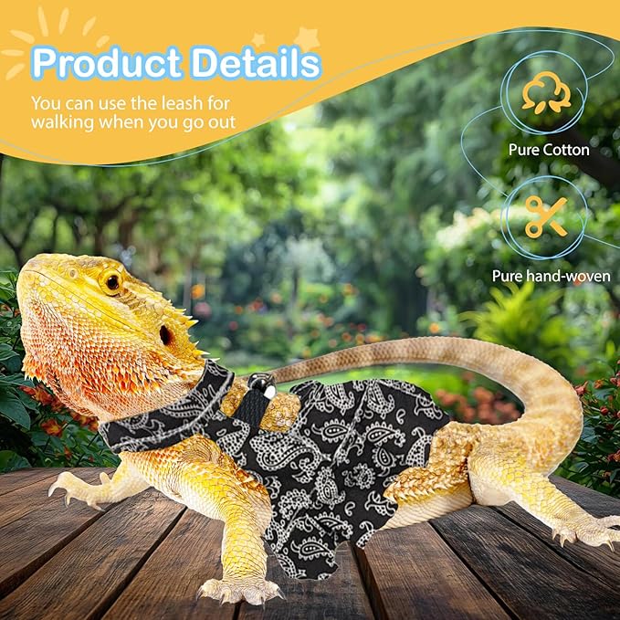 Lizard Harness Dress and Leash, Adjustable Hamster Ferret Harness and Leash Set, No-Pull Walking Vest for Lizard Small Animal Gecko Chameleon (Black M