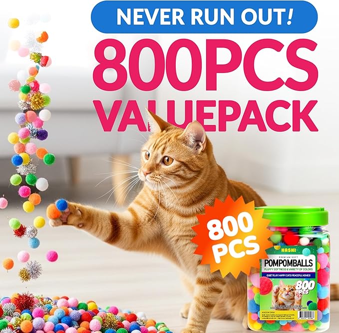 HA SHI Cat Toy Balls – 800-Pack Pom Pom Balls, Soft, Bouncy, Sparkle, Multi-Color & Mixed Sizes, No-Bell Toys for Indoor Cats & Kittens, Great for Quiet Night Play & Small Spaces