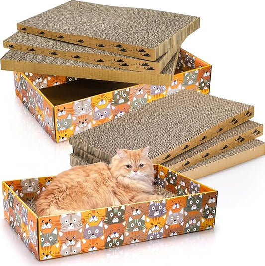 Set of 2 Cardboard Cat Scratchers, 6 Pcs Corrugated Cat Scratch Pad with 2 Boxes, Cute Reversible Kitty Sofa Bed, Refillable Wave Shaped Lounge, Interactive Kitten Toy for Indoor Cats