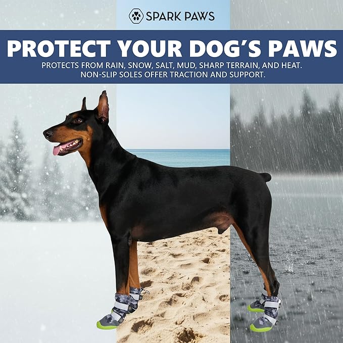 Spark Paws Dog Shoes, Waterproof Dog Boots for Medium to Large Dogs, Non Slip, Breathable Dog Booties and Paw Protectors - 4PCS Doggie Hiking Boots with Reflective Straps, Gray Camo, Size 8