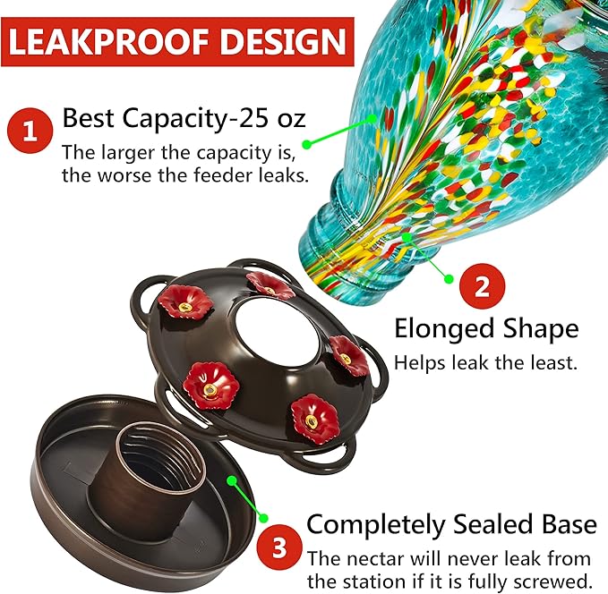 LUJII Hummingbird Feeders for Outdoors with Ant Guard, Blown Glass Hummingbird Feeder for Outside Hanging, 25 fl.oz, Never Leak, Unfading & Anti-Rust, Flower Vase, Garden Backyard Patio Decor, Blue