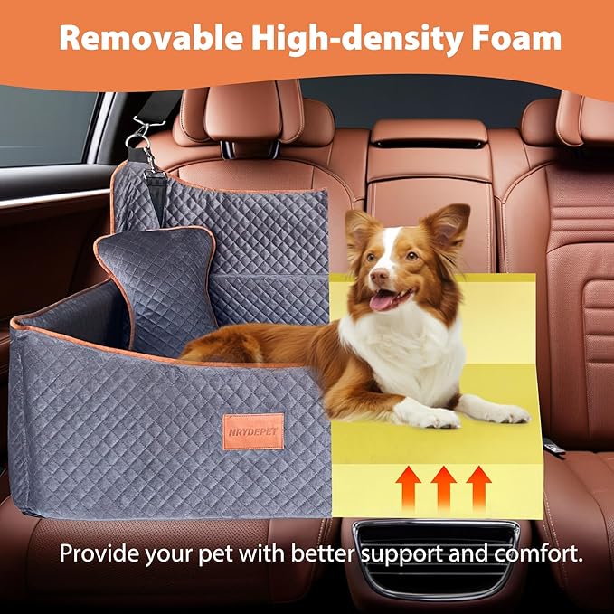 Dog Car Seat for Medium Dogs or 2 Small Dogs, Memory Foam Booster with Bonus Pillow & Removable Washable Cover, 2 Safety Leashes, Anti-Slip Base - Supports 50lbs (Grey)