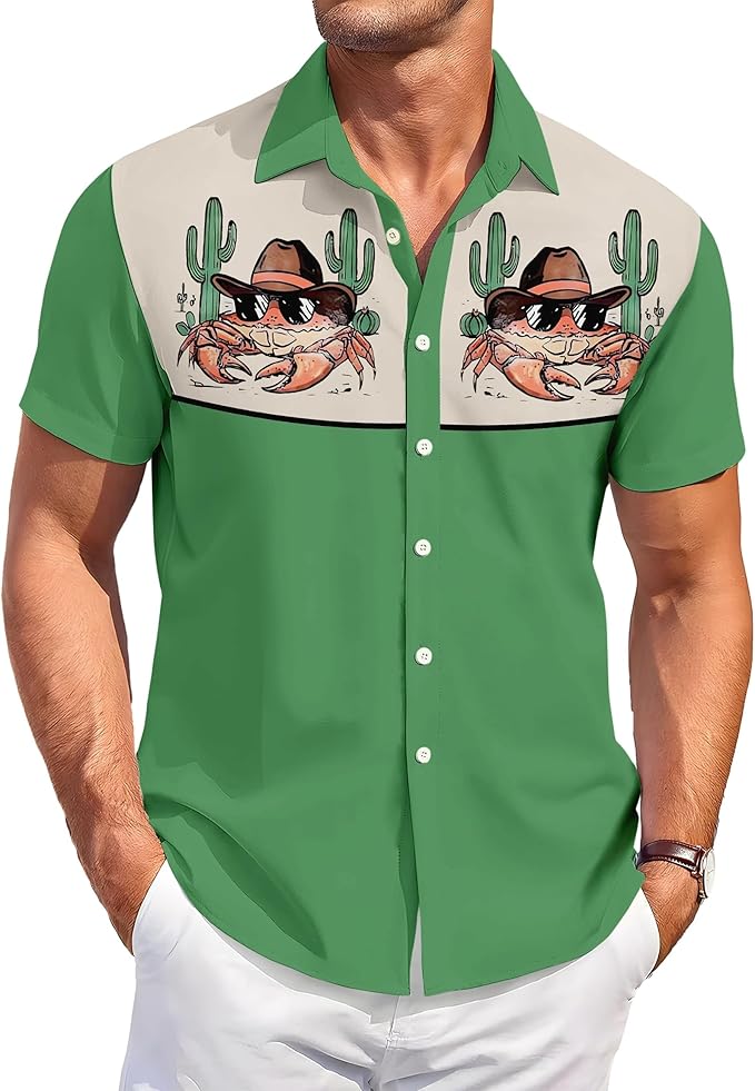 Men’s Hawaiian Shirt Western Cowboy Symmetrical Print Short Sleeve Button Down Casual Beach Holiday Summer Shirt