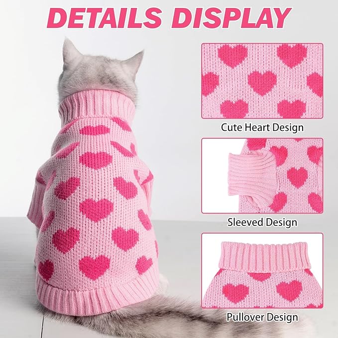 KOOLTAIL Cat Sweater Turtleneck- Soft Pink Knit Cat Sweaters for Cats Only, Heart Love Pattern Thick Warm Cold Weather Clothes, Valentine's Day Pet Outfit for Small Medium Large Size Kitten Puppy Girl